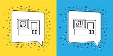 Sarı ve mavi arkaplanda ekstrem kamera simgesi belirle. Ekstrem sporları çekmek için video kamera ekipmanı. Vektör