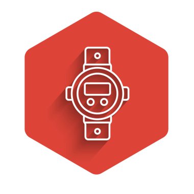 Beyaz çizgi dalış ikonu uzun gölgeli izole edilmiş. Su altı ekipmanları. Kırmızı altıgen düğmesi. Vektör