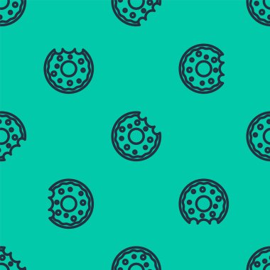 Tatlı simgeli mavi çizgili donut yeşil arka planda izole edilmiş pürüzsüz desen. Vektör