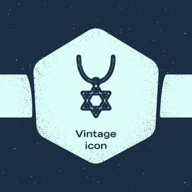Grunge hattı Davut 'un Yıldızı kolyesi mavi arka planda izole edilmiş bir ikon. Yahudi dini sembolü. İsrail 'in sembolü. Mücevher ve aksesuar. Tek renkli klasik çizim. Vektör