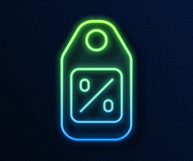 Üzerinde mavi arkaplanda izole edilmiş bir satış simgesi bulunan parlak neon çizgisi Price etiketi. Rozet fiyatına. Reklam etiketi indirimi. Vektör