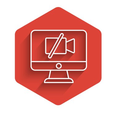 Bilgisayar simgesi üzerindeki beyaz çizgi video kamera uzun gölgeli izole edildi. Video yok. Kırmızı altıgen düğmesi. Vektör