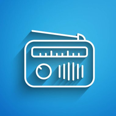 Mavi arka planda anten simgesi olan beyaz çizgi Radyo. Uzun gölge. Vektör