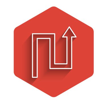 Beyaz çizgi ok simgesi uzun gölge arkaplanı ile izole edildi. Yön Arrowhead sembolü. Navigasyon işaretçisi işareti. Kırmızı altıgen düğmesi. Vektör