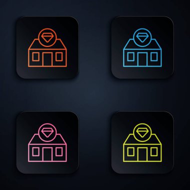 Renkli neon çizgisi ön cephe mücevher mağazası simgesi siyah arka planda izole edilmiş. Kare düğmelere simgeleri yerleştir. Vektör