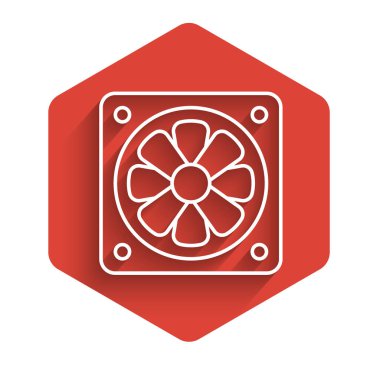 Beyaz çizgi Bilgisayar soğutucu simgesi uzun gölge arkaplanı ile izole edildi. Bilgisayar donanım pervanesi. Kırmızı altıgen düğmesi. Vektör