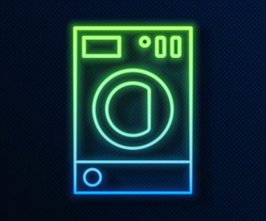 Parlayan neon hattı çamaşır makinesi simgesi mavi arkaplanda izole edildi. Çamaşır makinesi simgesi. Çamaşır makinesi, çamaşır makinesi. Ev aletleri sembolü. Vektör