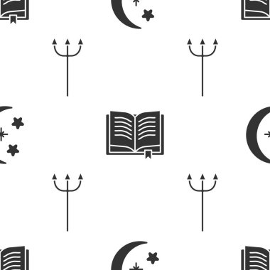 Ayın ve yıldızların batışı, Antik büyü kitabı ve Neptün Mızrağı kusursuz desende. Vektör