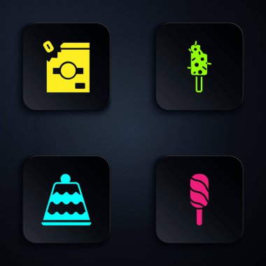 Dondurma, şeker ambalajı, pasta ve... Siyah kare düğme. Vektör