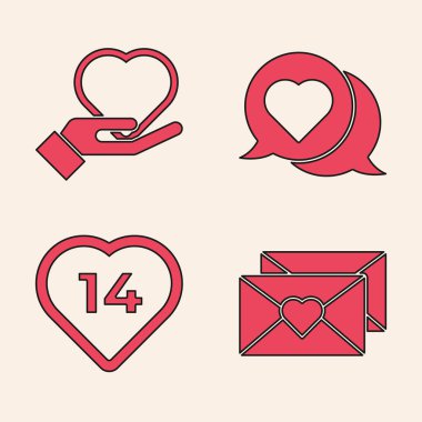 Zarfı sevgililer günü kalbinde, kalbi elinde, kalbi konuşma balonunda ve kalp ikonunda ayarla. Vektör