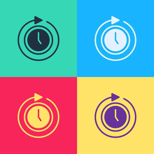 Pop art Reloj con icono de flecha aislado en el fondo de color. Símbolo de tiempo. Flecha del icono de rotación en sentido horario y tiempo. Vector — Vector de stock