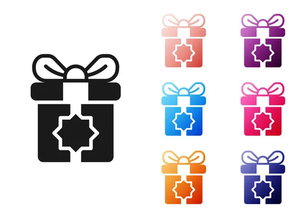 Black Gift Box Symbol isoliert auf weißem Hintergrund. Heiliger Monat, Ramadan, verpackte Weihnachtspakete, Geburtstag, Valentin. Setzen Sie Symbole bunt. Vektor — Stockvektor