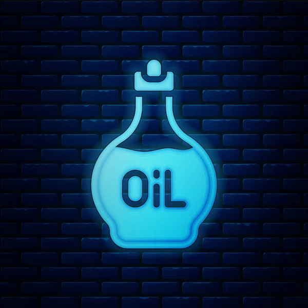 Glowing neon Essential oil bottle icon isolated on brick wall background. Organic aromatherapy essence. Skin care serum glass drop package. Vector — Stock Vector