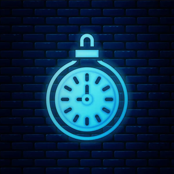 Icono de reloj de bolsillo de neón brillante aislado en el fondo de la pared de ladrillo. Vector — Archivo Imágenes Vectoriales