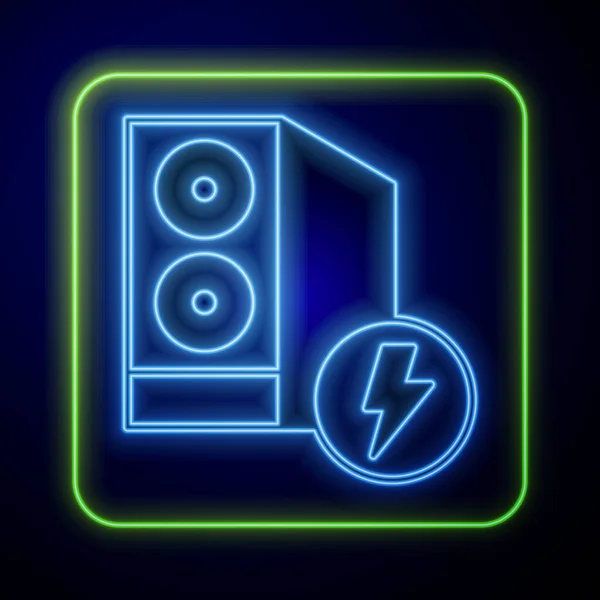 Glowing neon Case of computer icon isolated on blue background. Computer server. Workstation. Vector — Stock Vector