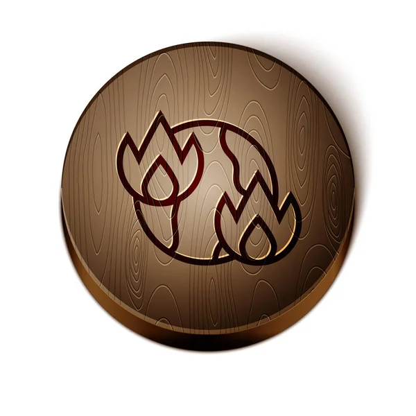 Kahverengi çizgi Küresel ısınma ateş ikonu beyaz arka planda izole. Tahta daire düğmesi. Vektör