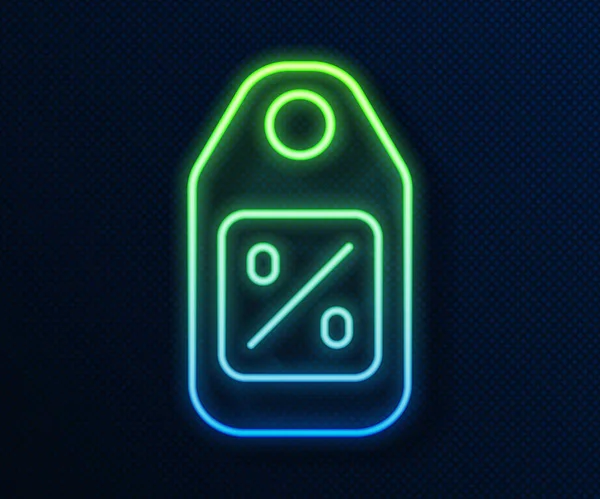 Linha de néon brilhante Preço de tag com uma inscrição Ícone de venda isolado no fundo azul. Distintivo por preço. Desconto de marca promocional. Vetor — Vetor de Stock