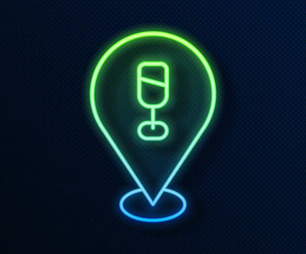 Línea de neón brillante Icono de ubicación de bar de alcohol o cerveza aislado sobre fondo azul. Símbolo de bebida, pub, club, bar. Vector — Archivo Imágenes Vectoriales