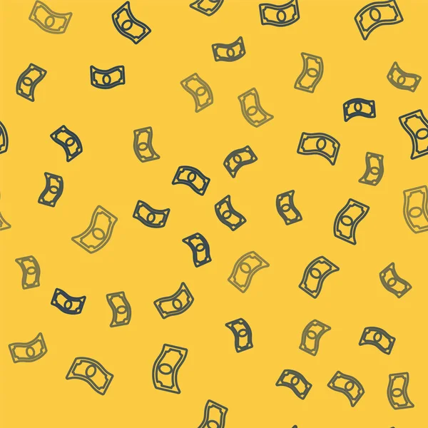 Línea azul Pila de papel moneda efectivo icono aislado patrón sin costura sobre fondo amarillo. Billetes de dinero apilados. Billetes. Vector — Archivo Imágenes Vectoriales