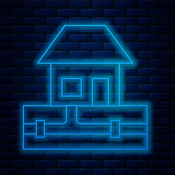 Parlayan neon hattı su boruları ve tuğla duvar arka planında izole edilmiş ev ikonu. Vektör — Stok Vektör