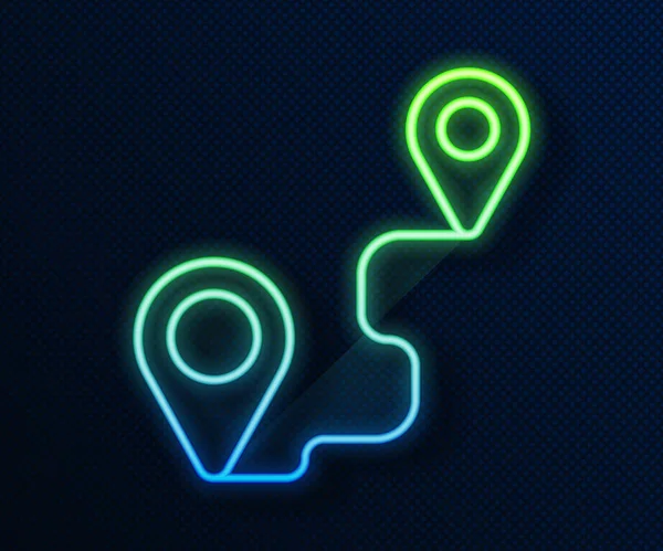 Gloeiende neon lijn Route locatie icoon geïsoleerd op blauwe achtergrond. Kaartaanwijzer. Begrip pad of weg. GPS navigator. Vector — Stockvector