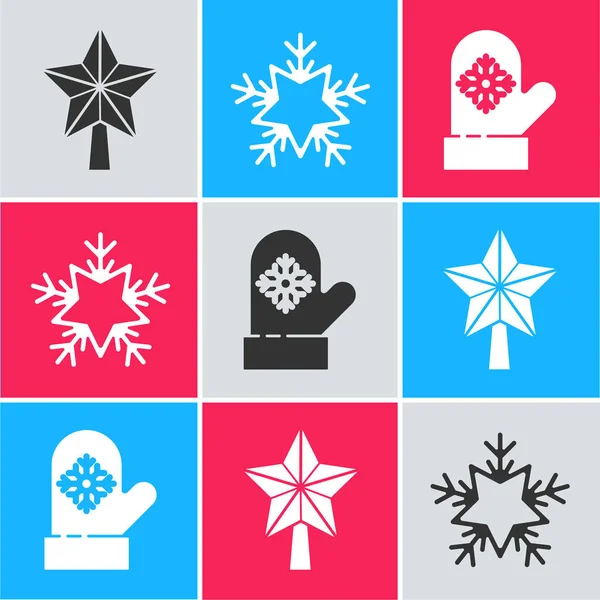 Set Weihnachtsstern, Schneeflocke und Weihnachtsfäustling Symbol. Vektor — Stockvektor