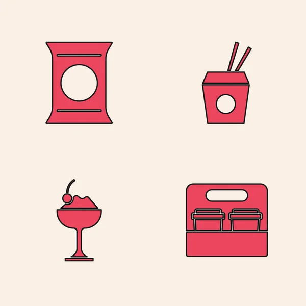 Establecer taza de café para llevar, Bolsa o paquete de papas fritas, fideos asiáticos y palillos y helado en el icono del tazón. Vector — Vector de stock