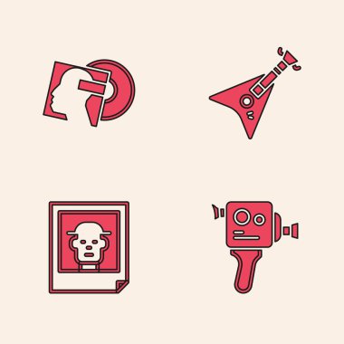 Retro sinema kamerası, vinil disk, elektro bas gitar ve fotoğraf ikonu. Vektör