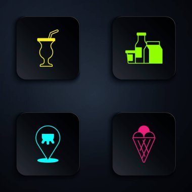 Dondurmayı waffle külahına, milkshake 'e, memeye ve ürüne koy. Siyah kare düğme. Vektör