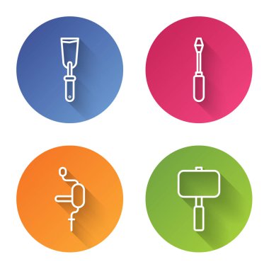 Oyun bıçağı, tornavida, matkap ve balyoz ayarlayın. Renkli daire düğmesi. Vektör