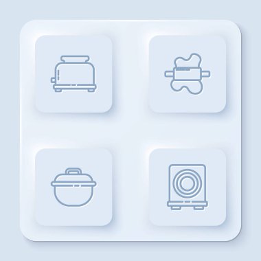 Hattan ekmek kızartma makinesi, hamurda raptiye, tencere ve elektrikli soba. Beyaz kare düğme. Vektör