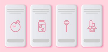 Set hattı Apple, Çilek Reçel Kavanozu, Lolipop ve Çikolata. Beyaz dikdörtgen düğme. Vektör