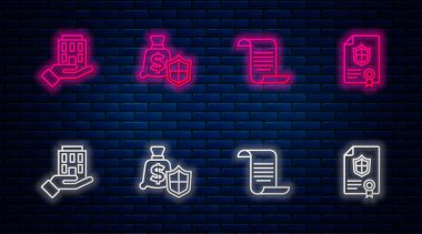 Kalkanlı Para, Belge, Ev ve Sözleşme. Tuğla duvarda parlayan neon simgesi. Vektör