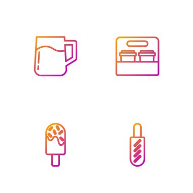 Hotdog sandviçi, dondurma, tahta bira kupası ve kahve kupası. Renk simgeleri. Vektör