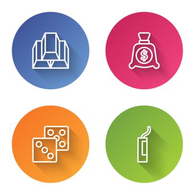 Altın külçeler, para çantası, zar oyunu ve dinamit bombası. Renkli daire düğmesi. Vektör