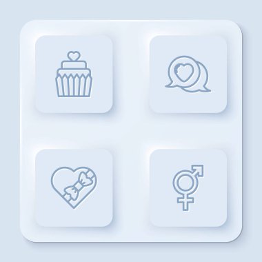 Sabit çizgili düğün pastası, kalp konuşma balonu, şeker şekilli kutu ve cinsiyet. Beyaz kare düğme. Vektör