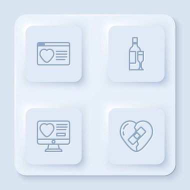 Online Flört uygulaması, şampanya şişesi ve kırık kalp. Beyaz kare düğme. Vektör