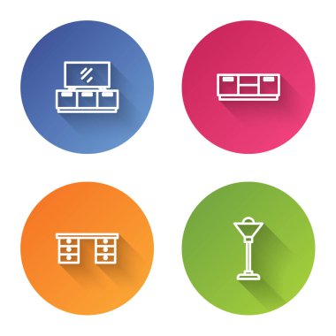 Çizgi TV masası standı, mobilya sehpası, ofis masası ve yer lambası. Renkli daire düğmesi. Vektör