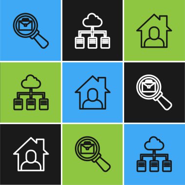 Evrak çantalı büyüteç, çevrim içi çalışan ve simgesi olan hat büyüteçleri ayarlayın. Vektör