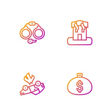 Para çantası, yanan araba, kelepçe ve kundakçılık. Renk simgeleri. Vektör