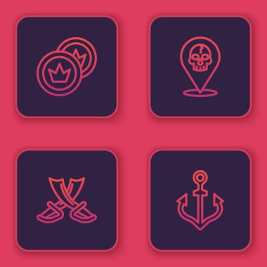 Korsan parası, çapraz korsan kılıcı, konum ve dayanak noktası. Mavi kare düğme. Vektör