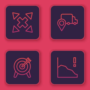 Çizgiyi çok yönlü ok, hedef, teslimat izleme ve finansal büyüme azaltımı olarak ayarla. Mavi kare düğme. Vektör