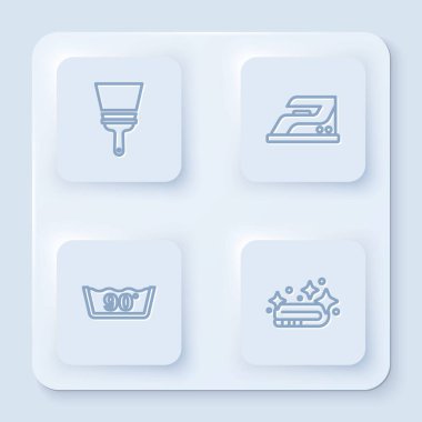 Camlar için kauçuk temizleyiciyi, elektrikli ütüyü, ısı temizleyiciyi ve havlu yığınını ayarlayın. Beyaz kare düğme. Vektör