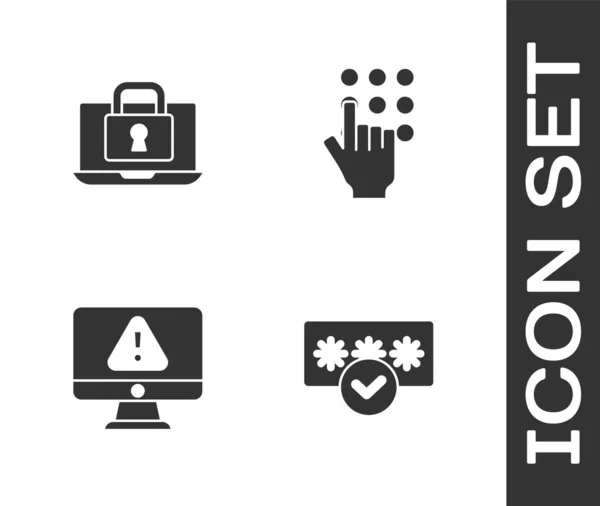 Ustaw ochronę hasłem, Laptop i lock, Monitor z wykrzyknikiem i ikoną. Wektor — Wektor stockowy