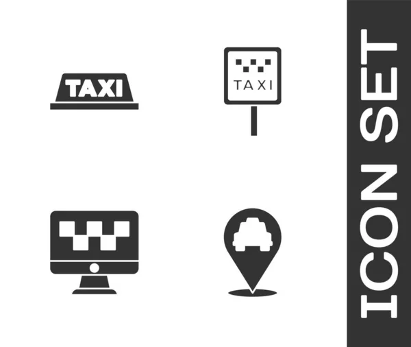 택시, 택시 자동차 지붕, 컴퓨터 호출 서비스 및 스탠드 아이콘을 위한 도로 표지판 과 함께 위치 설정. Vector — 스톡 벡터