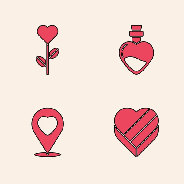 Set bonbons en forme de coeur boîte, fleur de coeur, Bouteille avec potion d'amour et l'icône Emplacement. Vecteur — Image vectorielle