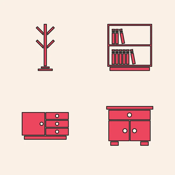 Set Furniture nightstand, Coat, Library bookshelf and Chest of drawers icon. Vector — Stock Vector