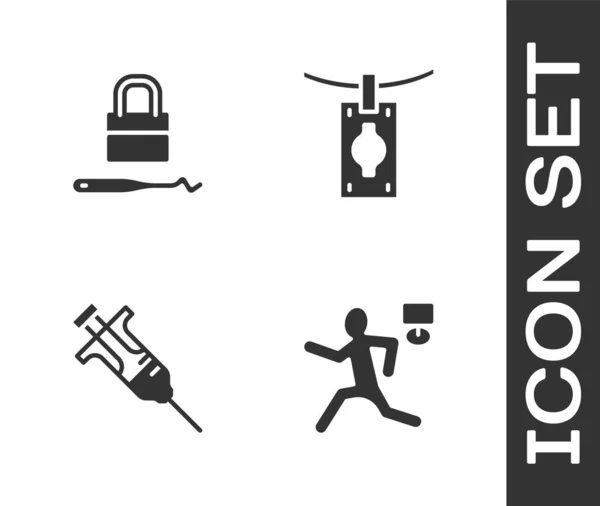 Set Asesinato, selección de cerraduras para la selección de cerraduras, jeringuillas y lavado de dinero icono. Vector — Vector de stock