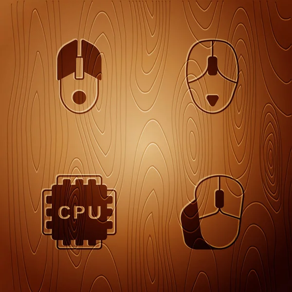 Set Computer mouse,, Processore con CPU e su sfondo di legno. Vettore — Vettoriale Stock
