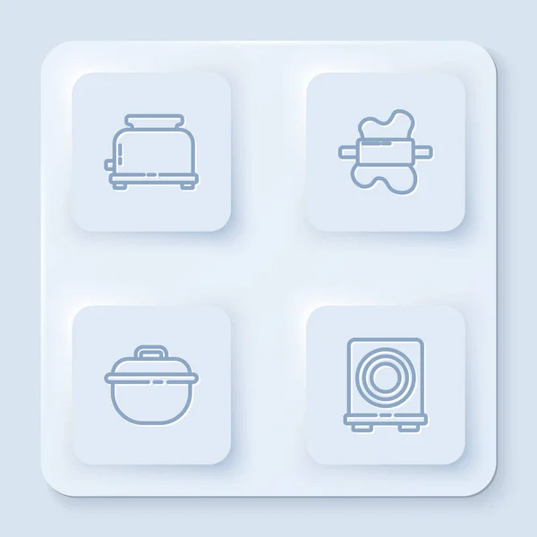 Set Toaster, Rolling pin op deeg, kookpot en elektrisch fornuis. Witte vierkante knop. Vector — Stockvector